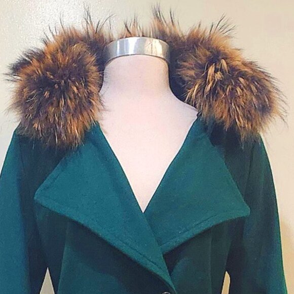💋BOHO CHIC💋 GORGEOUS VTG WOOL COAT WITH FOX FUR COLLAR in BOTTLE GREEN - Picture 5 of 13